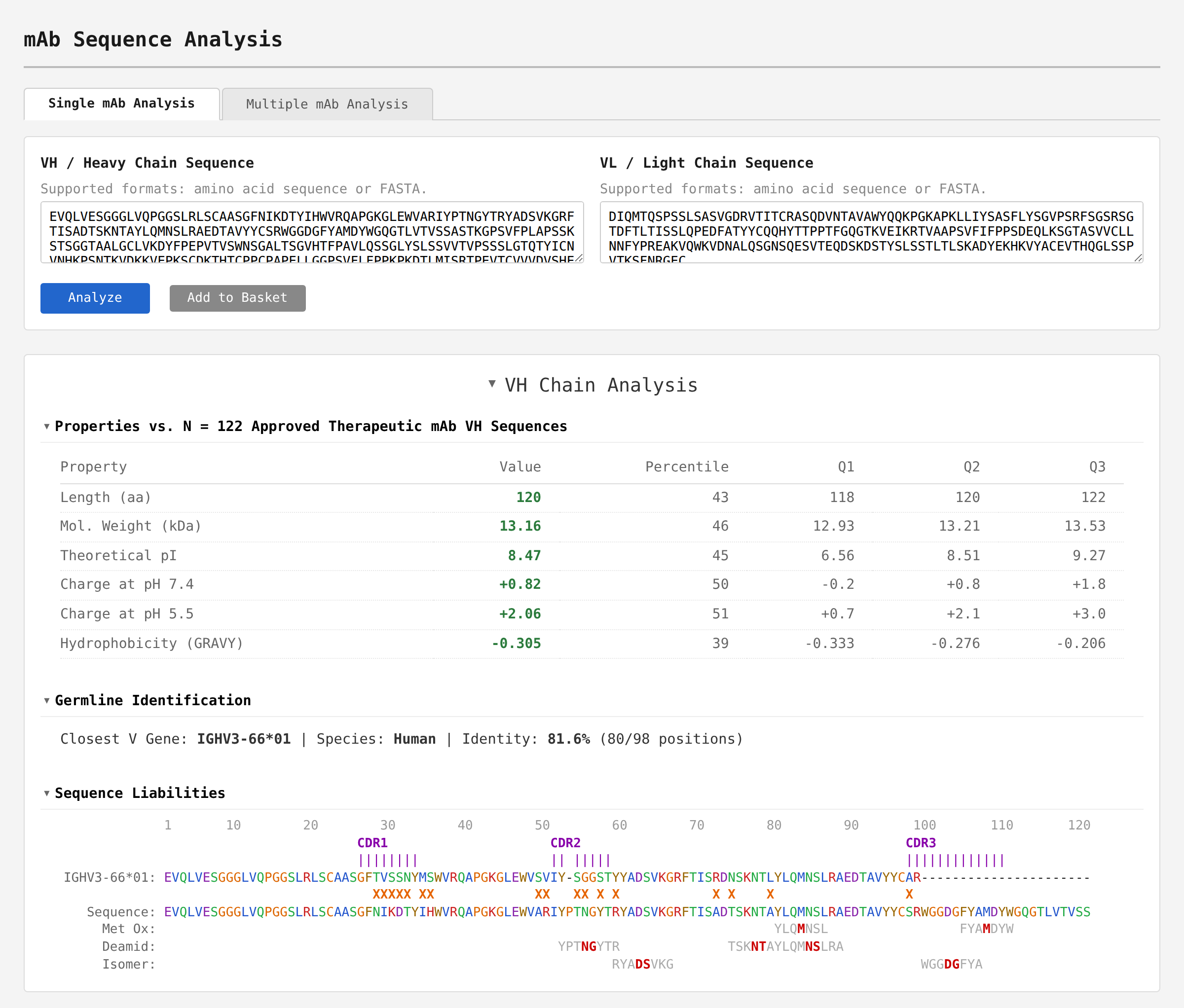 Screenshot of LAMBS single mAb analysis